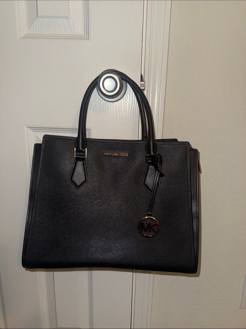 Michael Kors Black Leather Satchel with Gold Hardware